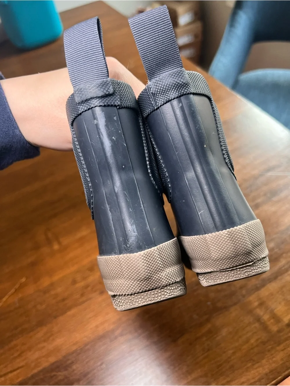 Pehr Toddler Kids 7 Waterproof Navy and Taupe Lined Rain Boots